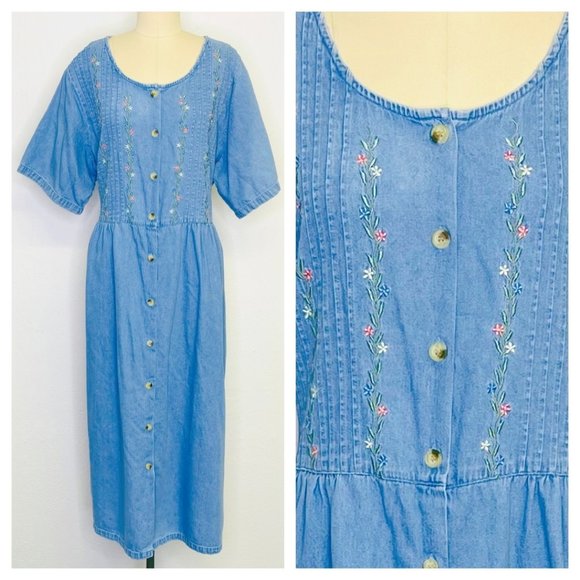 Vintage Dresses & Skirts - Vintage Y2K 2000s Blue Cotton Denim Maxi Dress Size XL Large Floral CottageCore